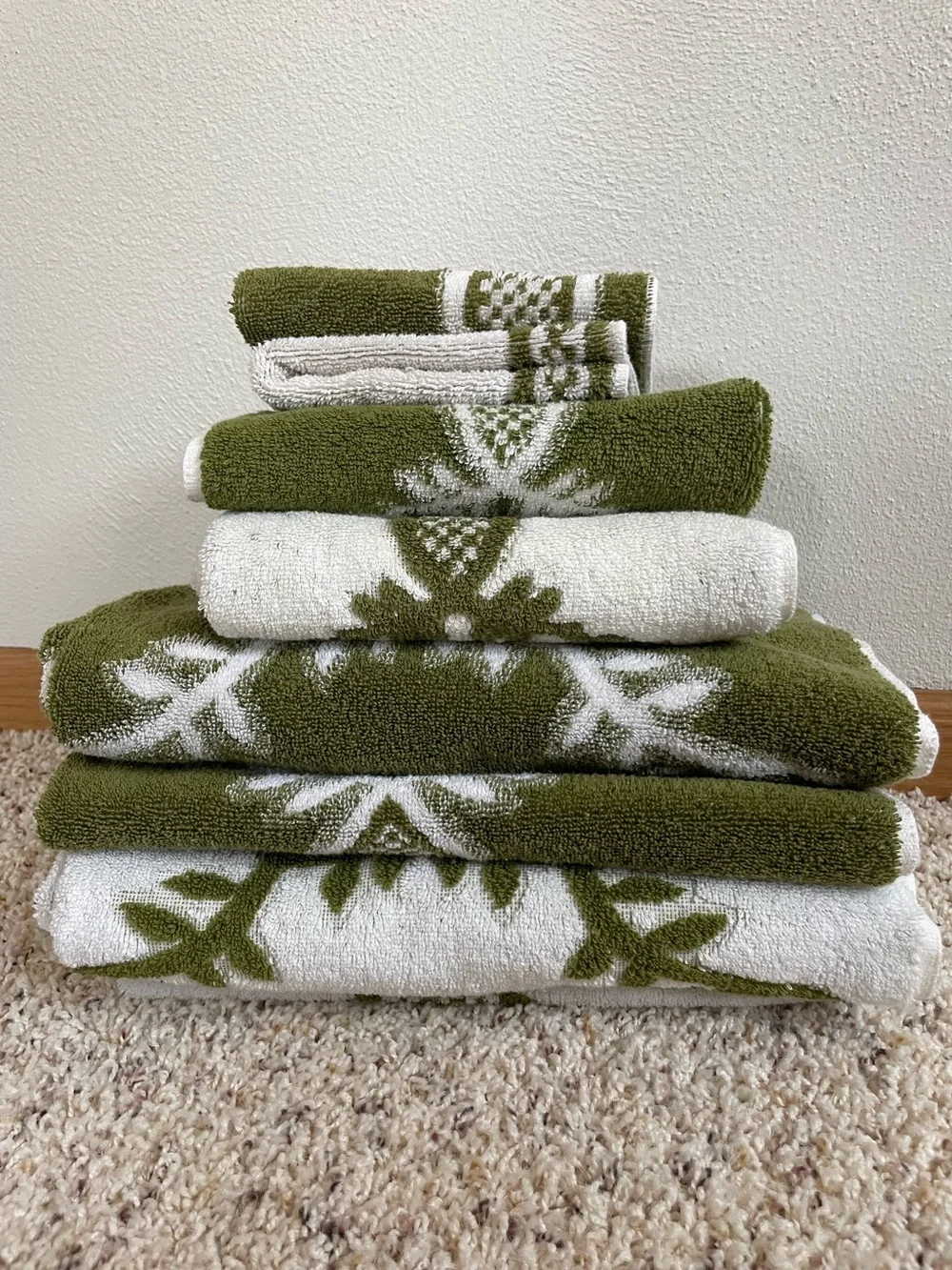 VINTAGE *MCM Retro SEARS Cotron *Reversible Green & White 6 piece set